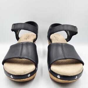 Clarks Collection Annadel Clover Black Leather Studded Wedge Cork Sandals Size 6
